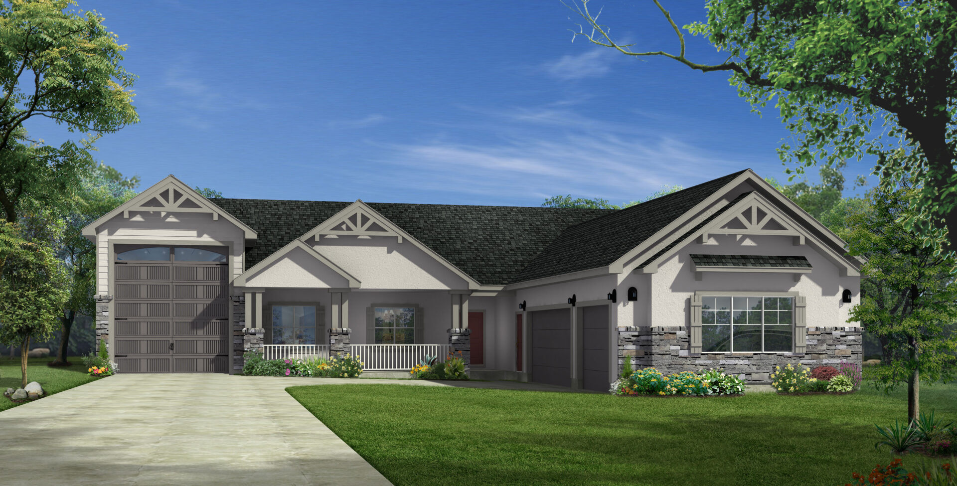 Grey colored exterior walls with black roofing house